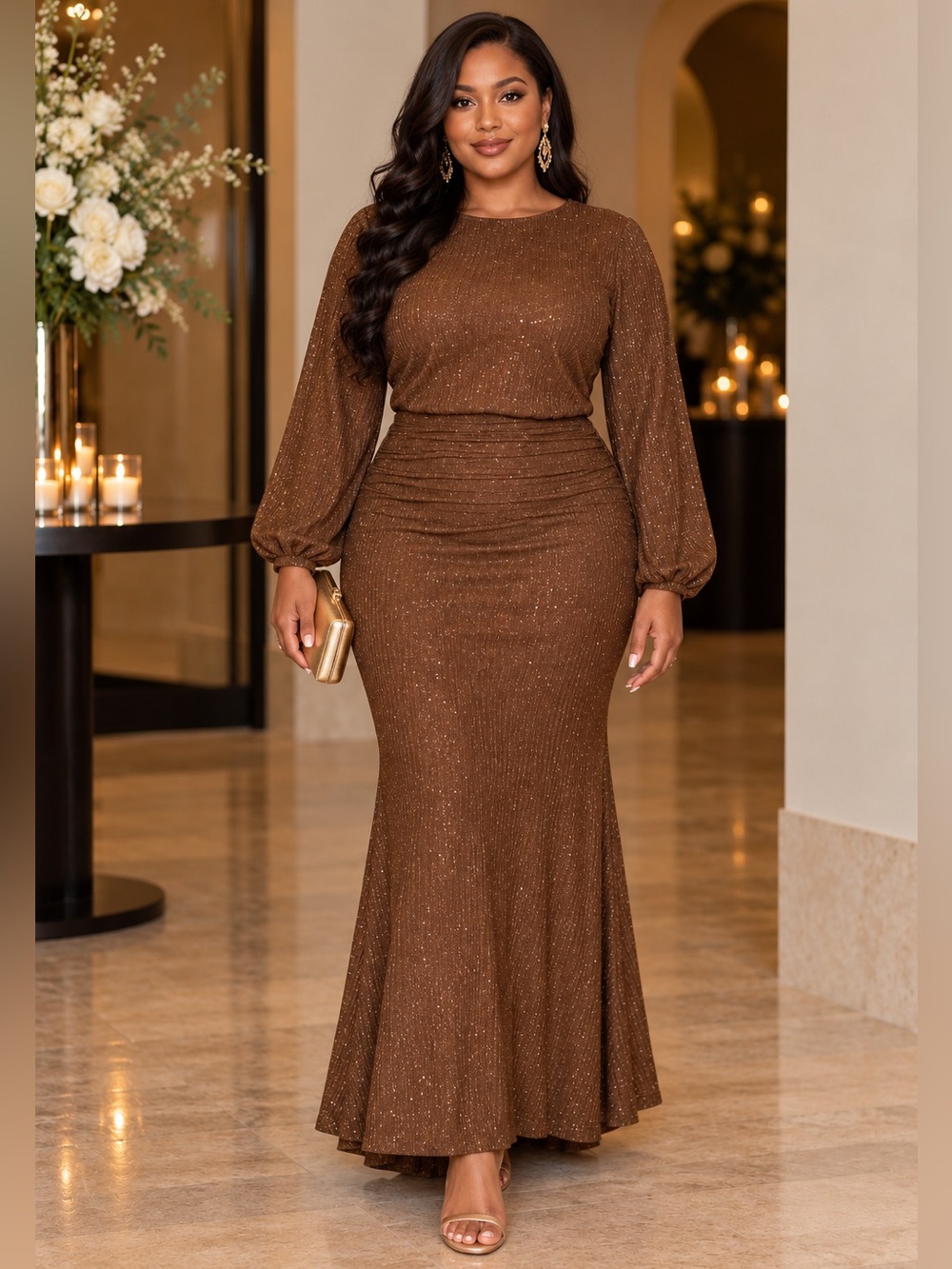 SOLERSUN Sparkly Coffee Brown Bodycon Maxi Dress XXL Formal Evening
